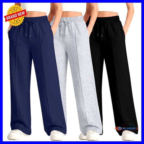 3 Pack Girls Wide Leg Sweatpants Drawstring Joggers Pockets 5-14Y